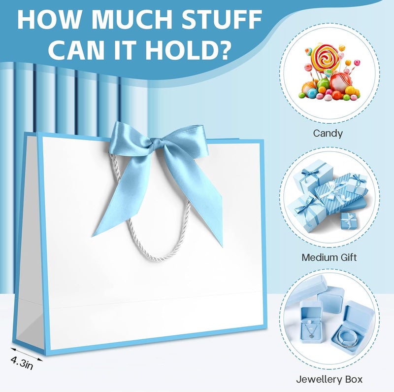 JMANNI 1PCS Large Gift Bag with Ribbon and 1 Greeting Card 2 Tissue Papers, Portable Paper Gift Bag with Handles, Birthday Present Bags for Wedding Party,Mothers Day12.6" x 9.8" x 3.9"(White-Blue - Image 4